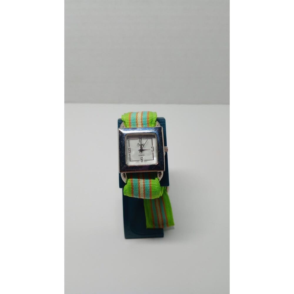 Swap Women's Watch With Green Fabric Wrap Band Silver Toned